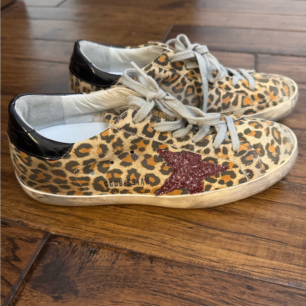 Golden Goose Leopard Sneakers with Burgundy Star